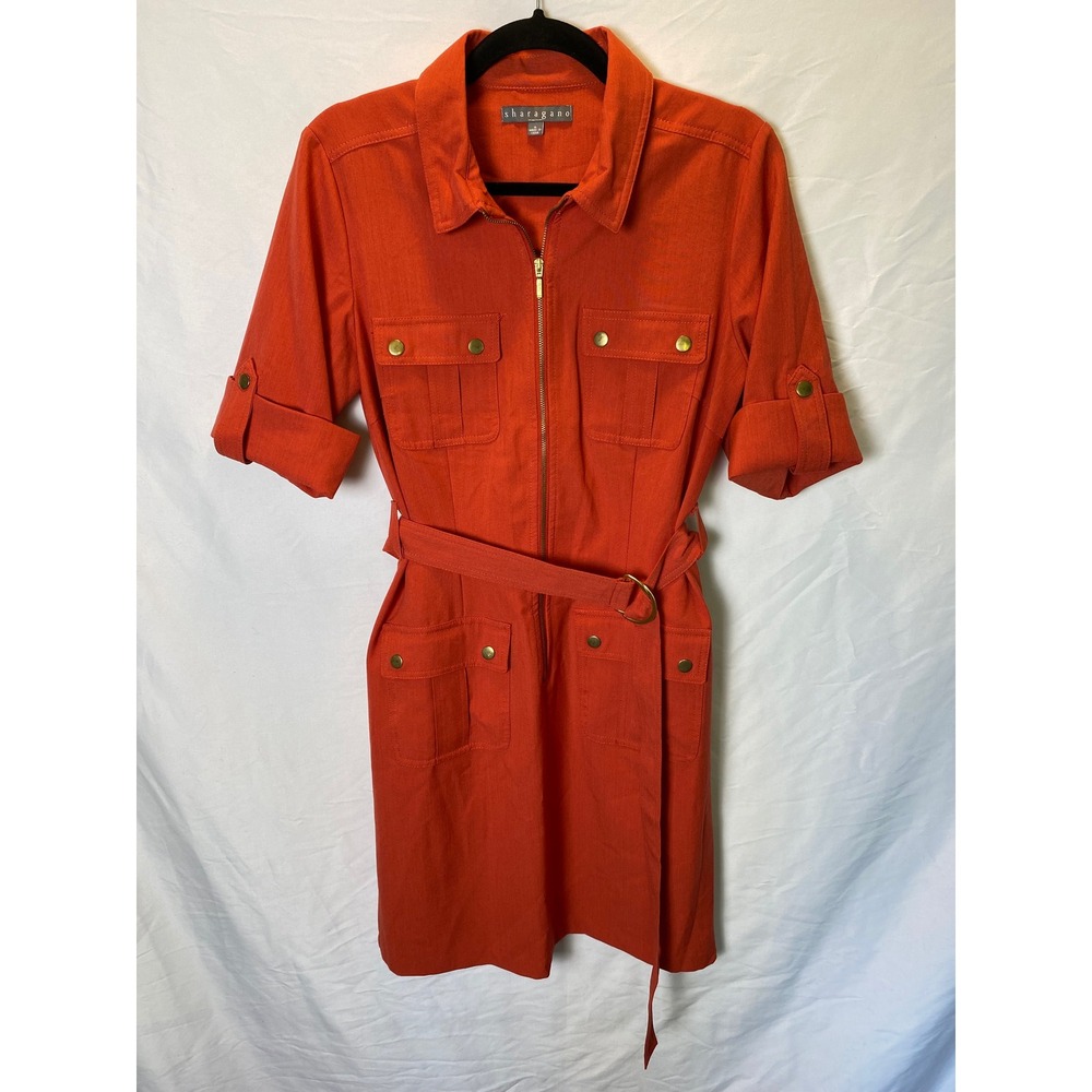 Sharagano Utility Shirt Dress Women 8 Orange Belted Zip Front Safari Military